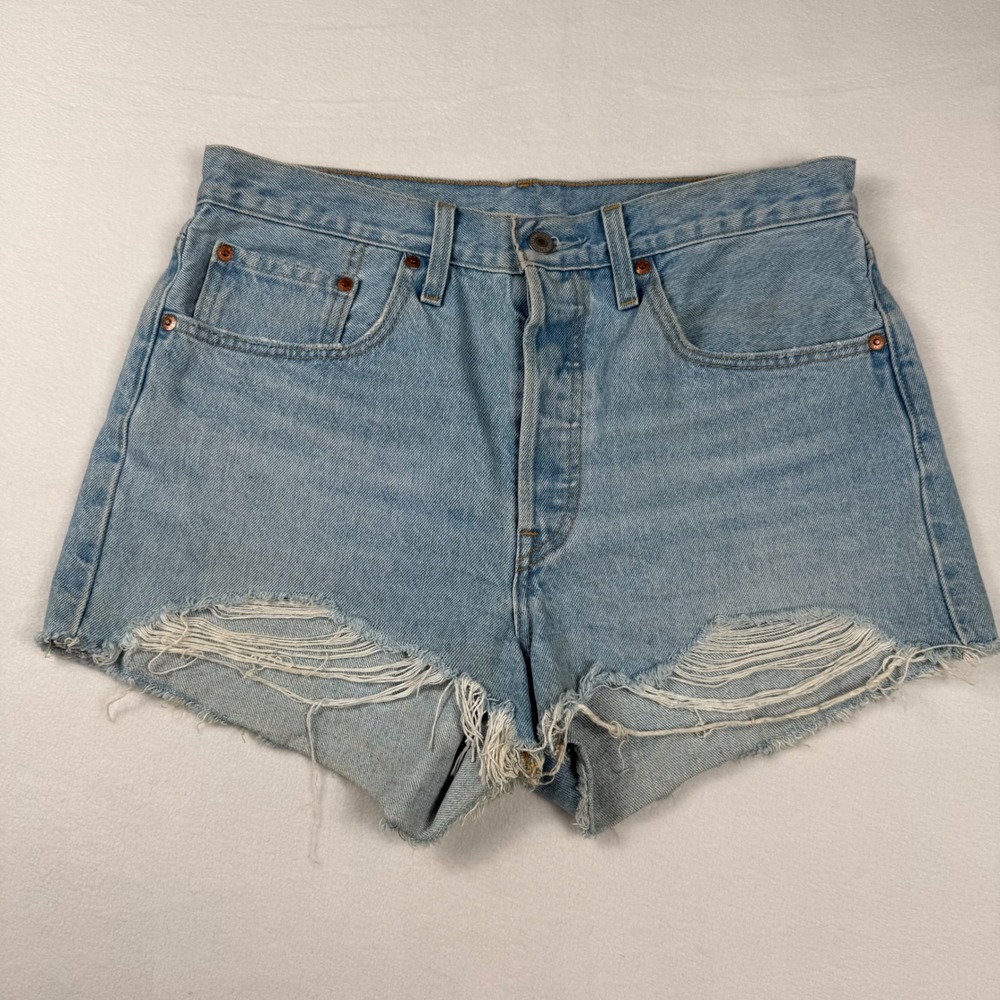 Levi's 501 Original Buttonfly Shorts 28 Light Blue Distressed High Waist Y2K